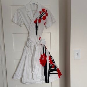 Escada White and Red Floral Midi Dress